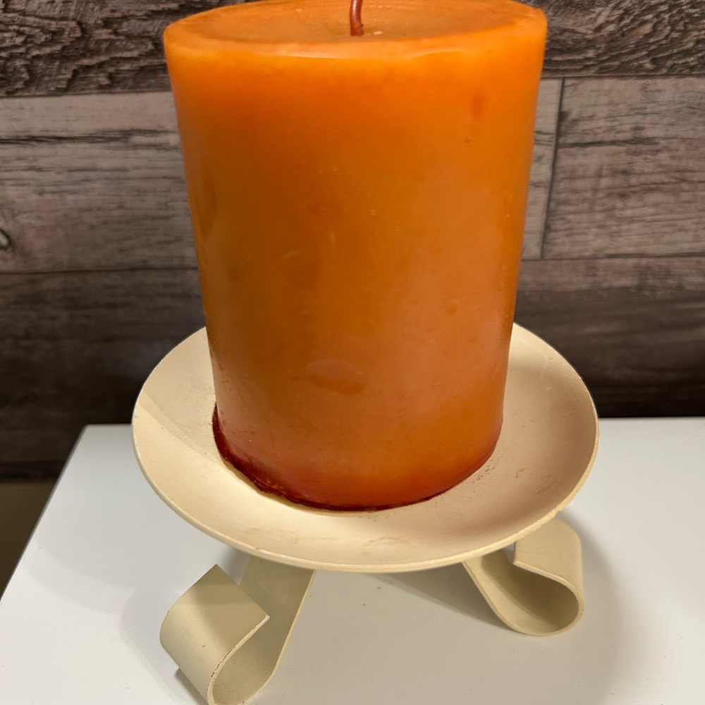 Orange Pillar Candle on Cream Footed Stand